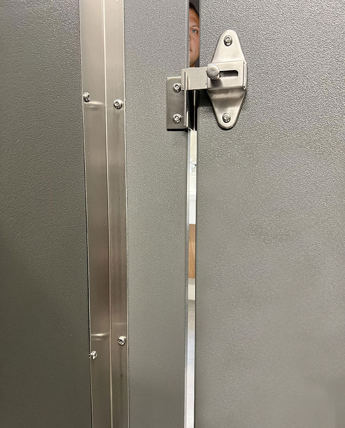 Person peeking through a bathroom stall door slightly open, illustrating a funny national stereotype moment.