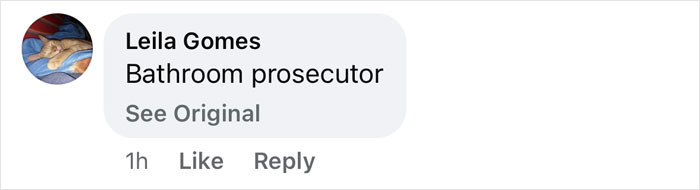 Comment on social media calling someone a bathroom prosecutor in a discussion about a couple blocking a cis woman from a gym bathroom.