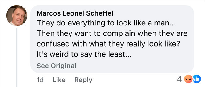 Comment by Marcos Leonel Scheffel expressing confusion about people trying to look like a man and the resulting misunderstandings.