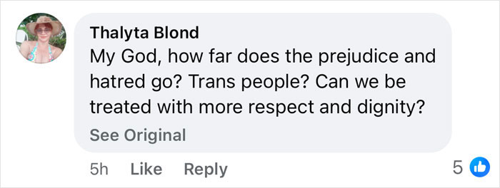 Comment by Thalyta Blond asking about prejudice and respect towards trans people amid gym bathroom conflict involving a cis woman.