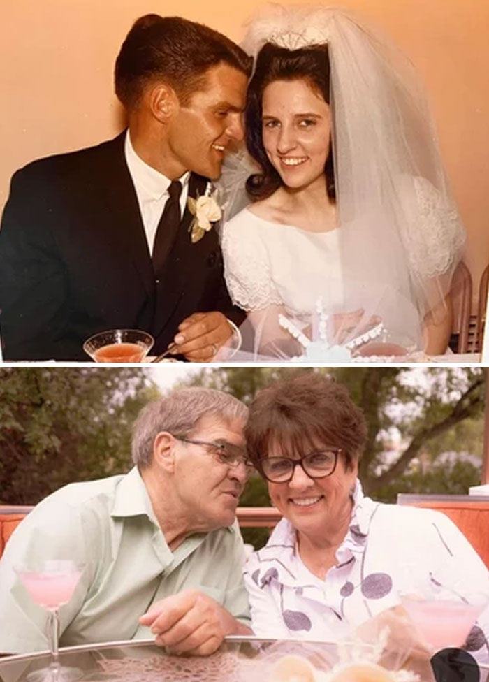 Couple shown in two photos decades apart, illustrating how time changed people but not their love for each other.