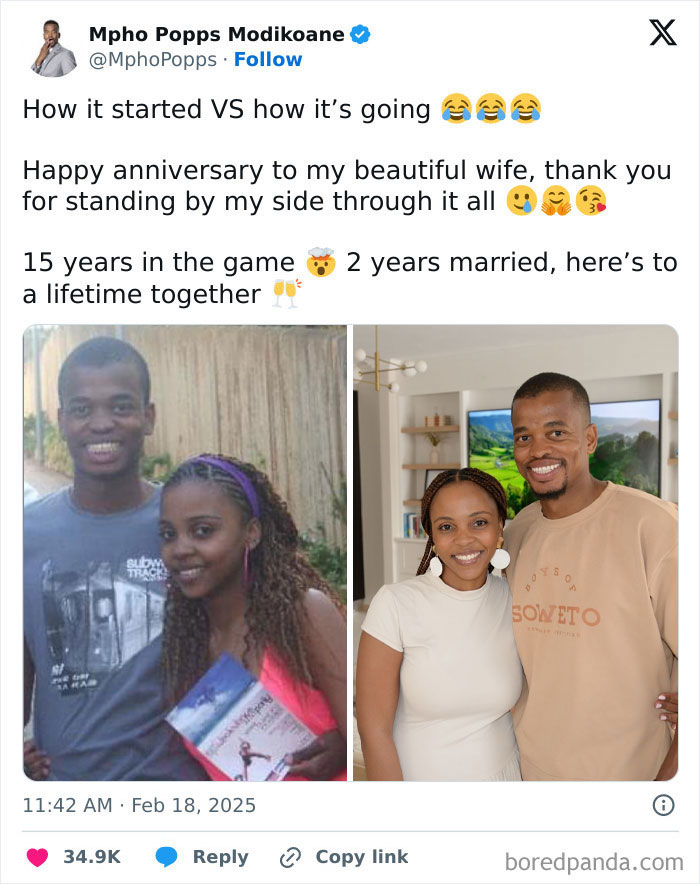 Side-by-side photos of a couple showing how time changed people but not their love for each other.