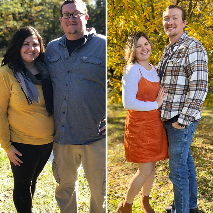 Couple posing outdoors in two side-by-side photos showing how time changed people but not their love.