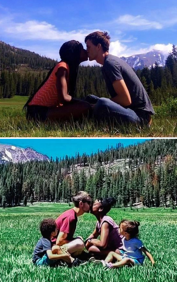 Couple kissing in a scenic mountain field, showing how time changed people but not their love for each other.