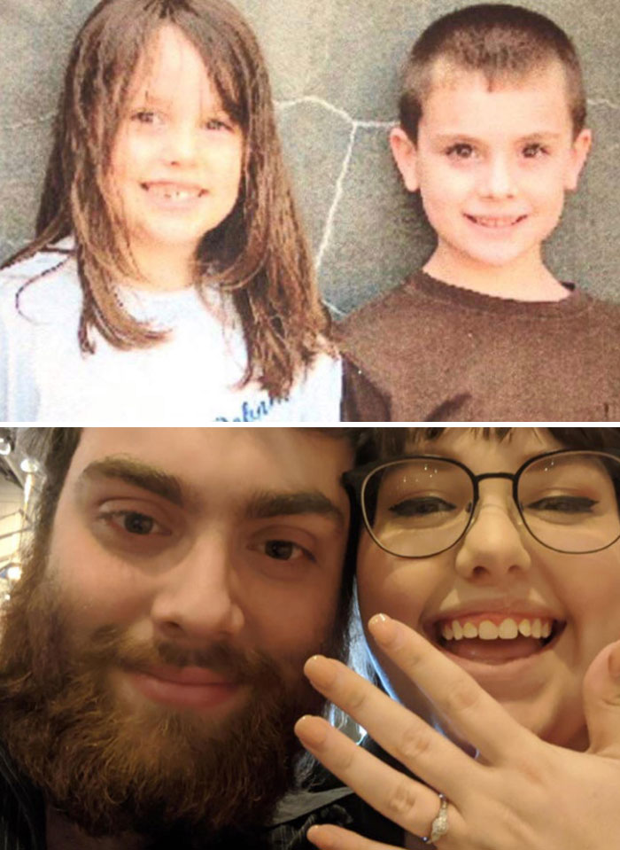 Childhood to adulthood transformation of a smiling couple showcasing how time changed people but not their love.