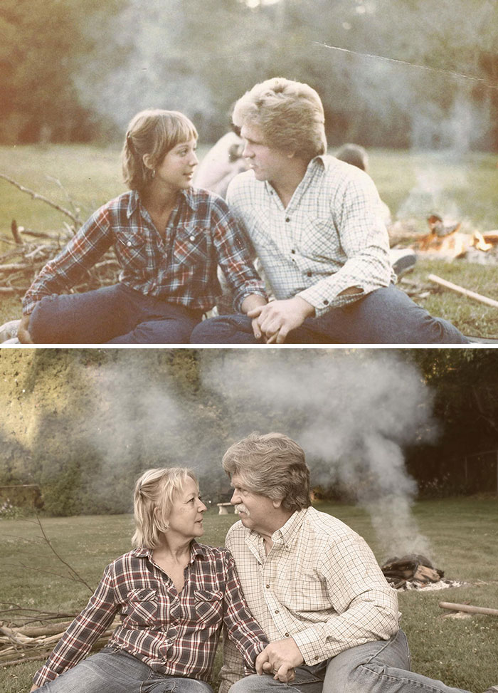 A couple showing how time changed people but not their love, sitting by a campfire in matching plaid shirts years apart.