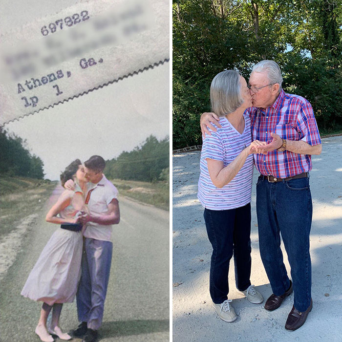 Side-by-side photos of an elderly couple kissing, showing how time changed people but not their love for each other.