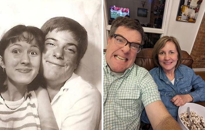 Side-by-side photos showing time changed people but not their love for each other, with smiles and closeness.