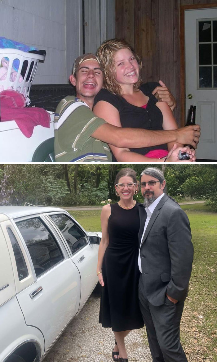 Couple showing how time changed people but not their love for each other in two photos years apart.