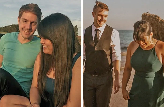 Couples in two photos showing how time changed people but not their love for each other, smiling and happy outdoors.