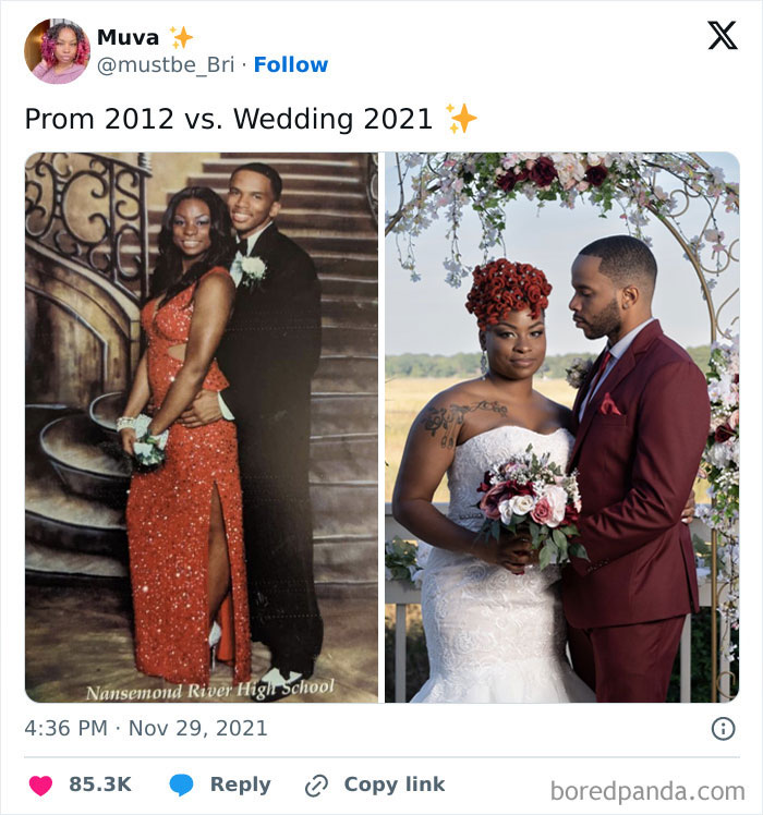 Couple showing how time changed people but not their love, from prom 2012 to wedding 2021 with matching poses.