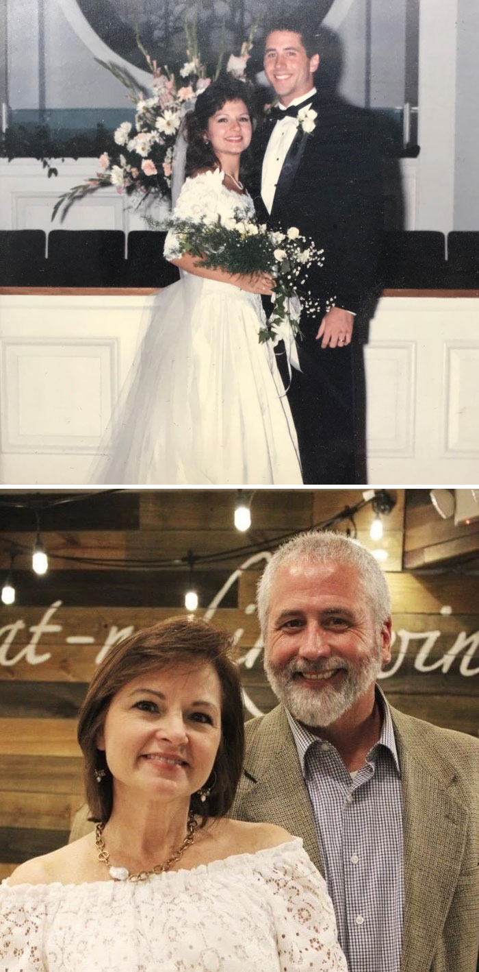 Couple in wedding attire and their recent portrait showing how time changed people but not their love.