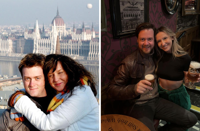 Side-by-side photos of a couple showing how time changed people but not their love for each other.