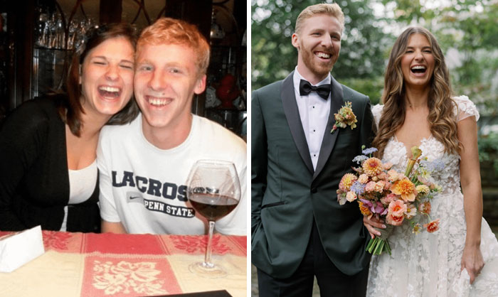Young couple smiling in casual setting and years later dressed as bride and groom, showing time changed people but not love.