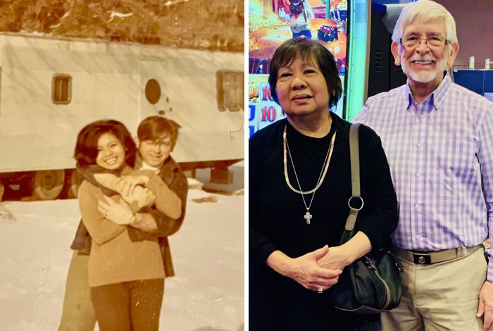 Side-by-side photos of a couple years apart showing how time changed people but not their love for each other.