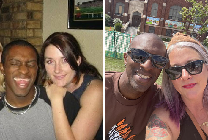 Couple showing how time changed people but not their love for each other in two side-by-side photos years apart.