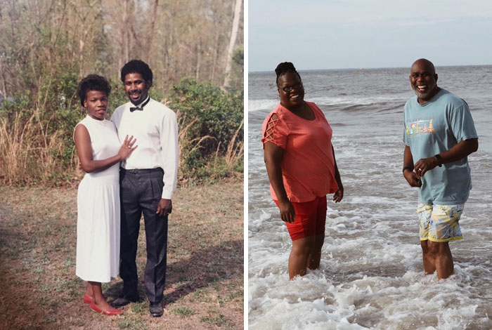 Couple standing outdoors years apart, showing how time changed people but not their love for each other by the ocean.