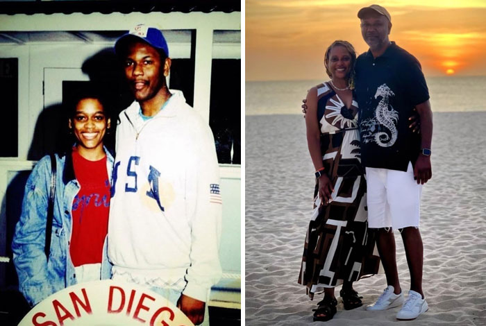 Side-by-side photos showing how time changed people but not their love, featuring a couple in youth and later on a beach.