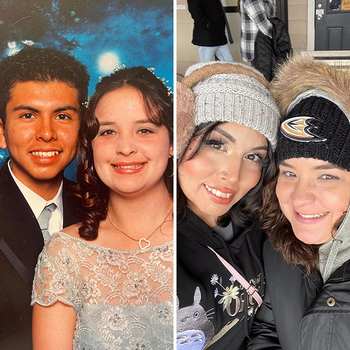 Side-by-side photos of two women showing how time changed people but not their love for each other smiling warmly together.