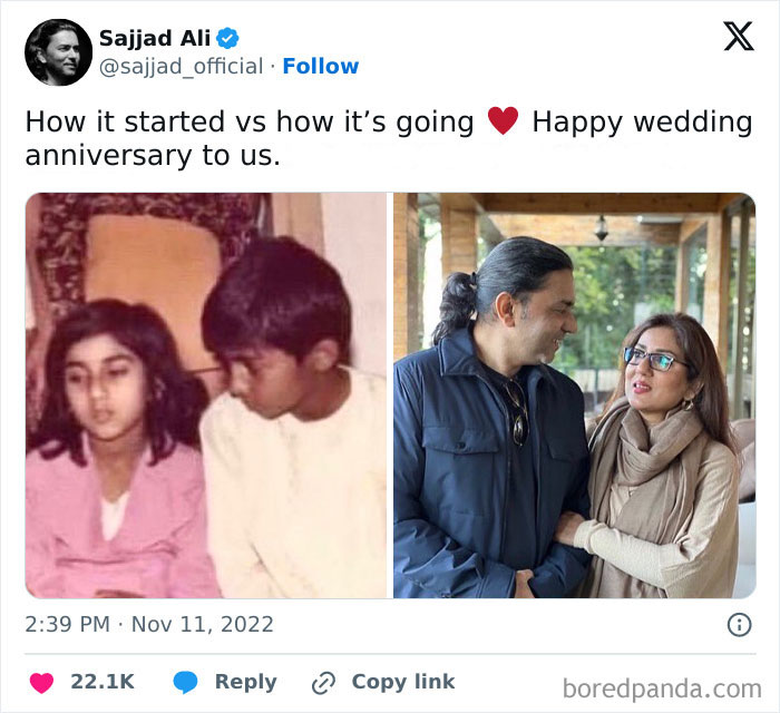 Couple showing how time changed people but not their love for each other in two side-by-side photos years apart.