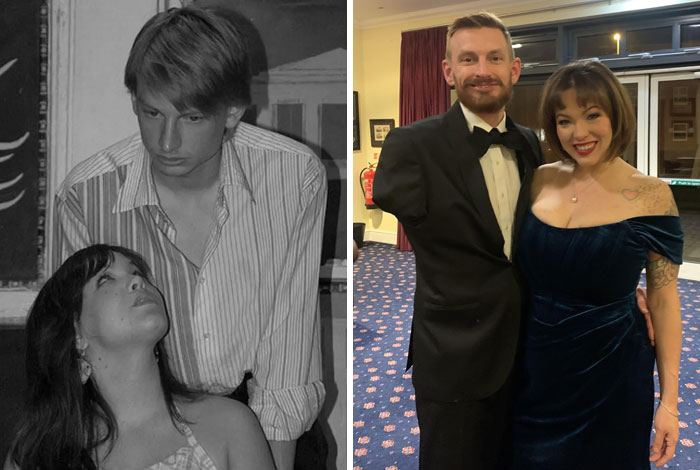 Young couple in black and white photo and the same couple dressed formally years later showing time changed people but not love.