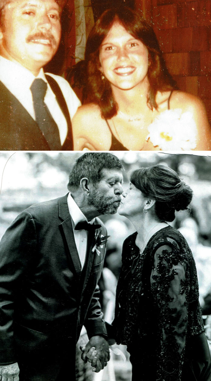 Couple showing how time changed people but not their love, smiling younger and kissing older in wedding attire.