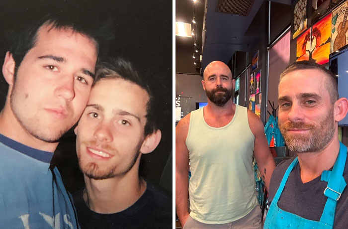 Two men showing how time changed people but not their love for each other, with a past and present side-by-side photo.