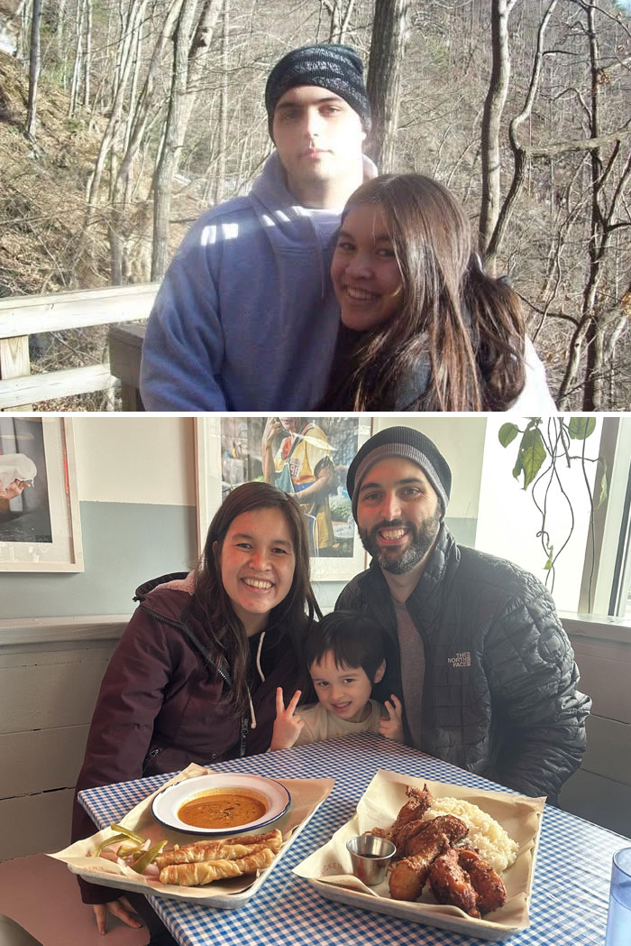 Couple reunited over time, smiling with their child at a restaurant, showing love that unchanged despite time passing.