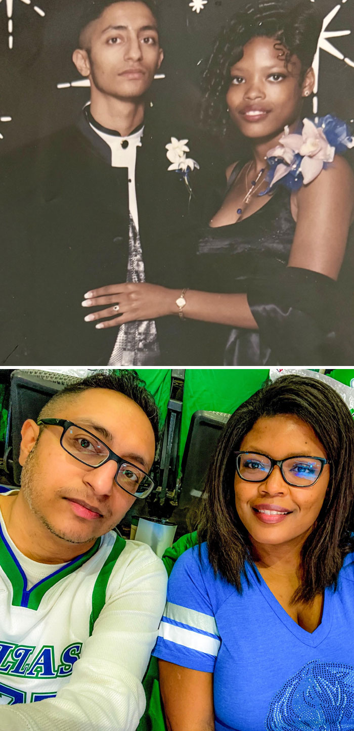 Couple showing how time changed people but not their love for each other, posing years apart with affectionate expressions.