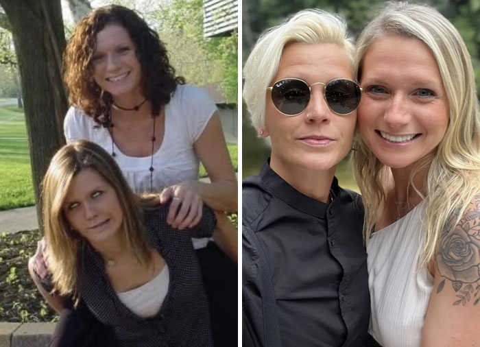 Two women smiling in selfies taken years apart, showing how time changed people but not their love for each other.