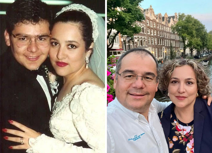 Side by side photos of a couple on their wedding day and decades later, showing how time changed people but not their love.