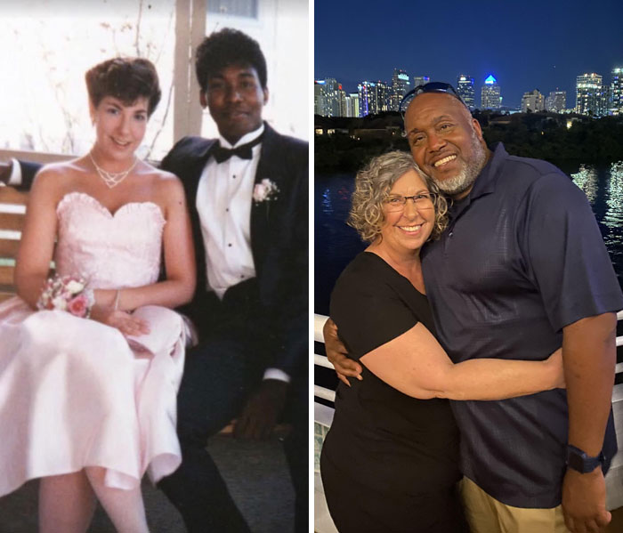 Couple posing together in formal wear and years later by city lights, showing how time changed people but not their love.