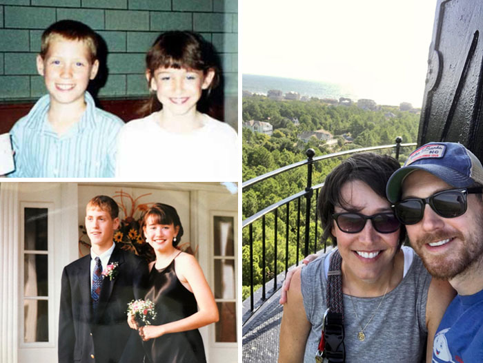 Three photos of a couple showing how time changed people but not their love for each other through childhood, prom, and adulthood.
