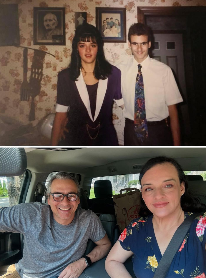 Couple in vintage and recent photos showing how time changed people but not their love for each other.