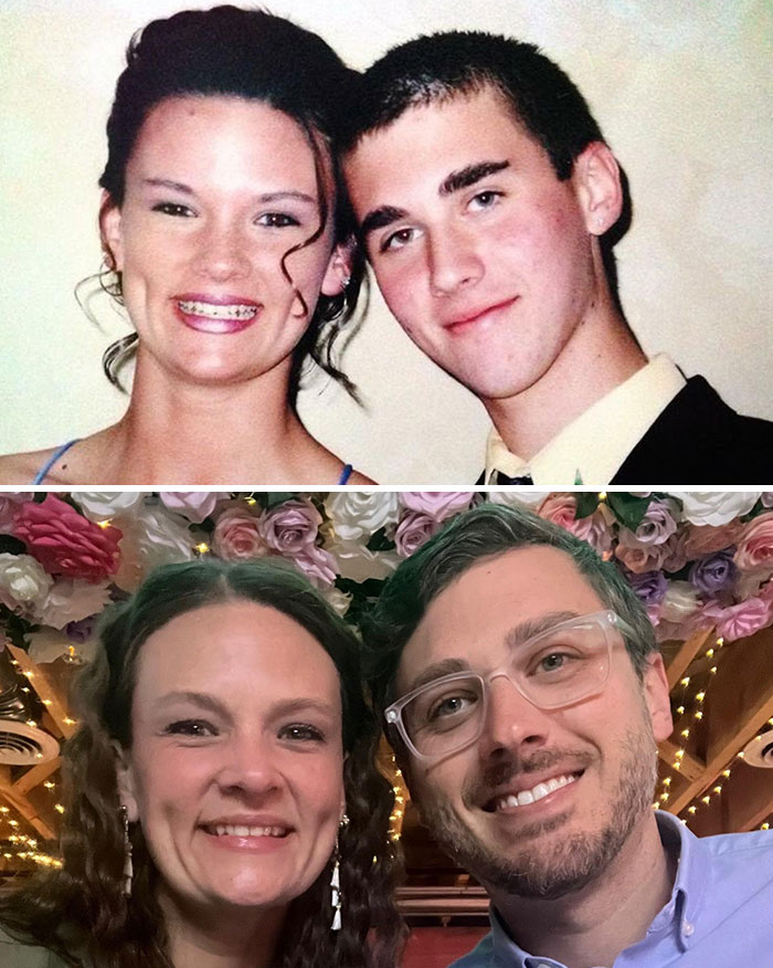 Couple shown in two photos years apart, illustrating how time changed people but not their love for each other.