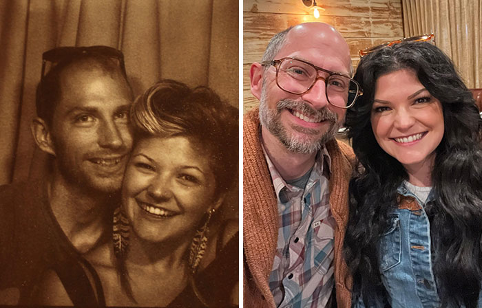 Side-by-side photos showing how time changed people but not their love for each other with smiling couple in both images