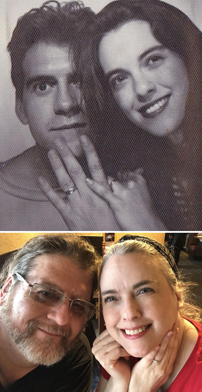 Couple showing how time changed people but not their love, smiling together in black and white and color photos.