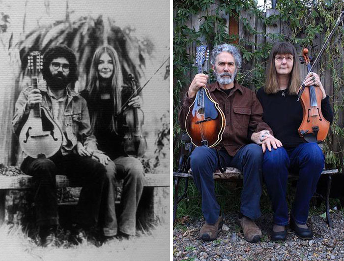 Couple holding musical instruments sitting on a bench, showing how time changed people but not their love for each other.