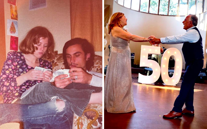 Couple shown in two photos decades apart, illustrating how time changed people but not their love for each other.