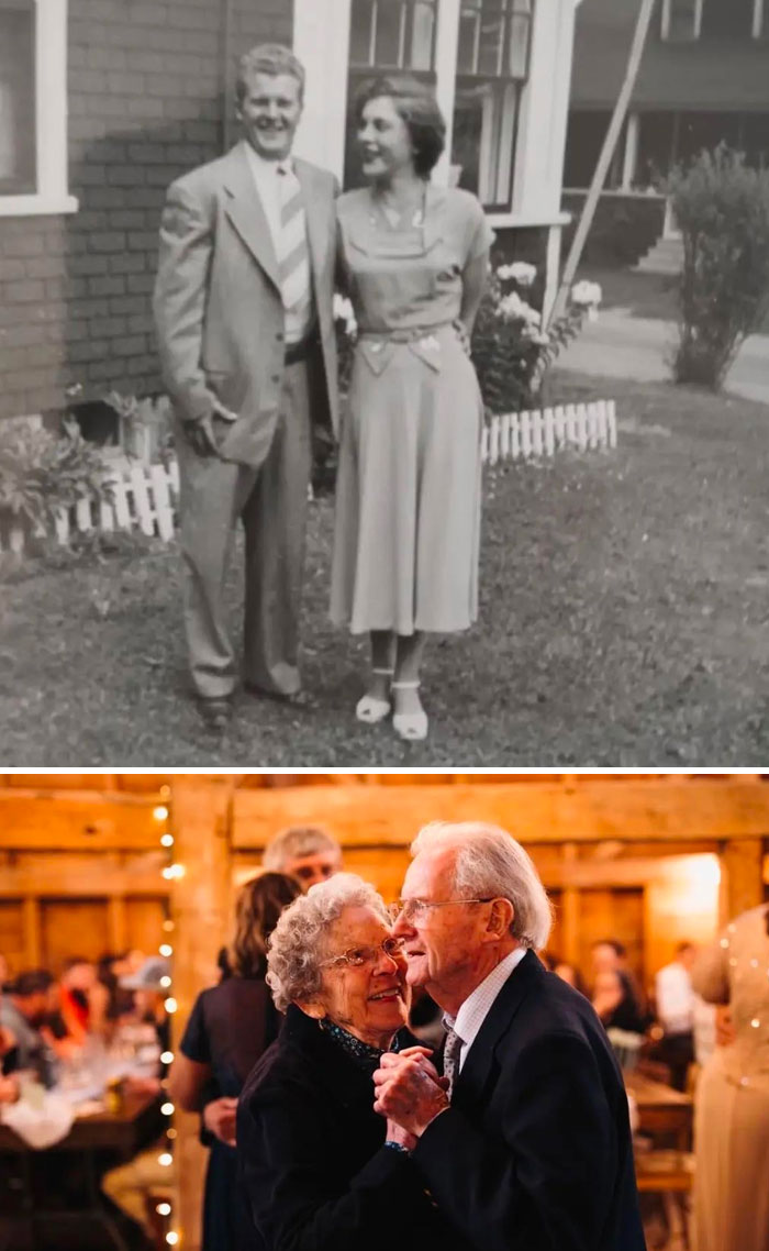 A couple shown in two photos years apart, highlighting how time changed people but not their love for each other.
