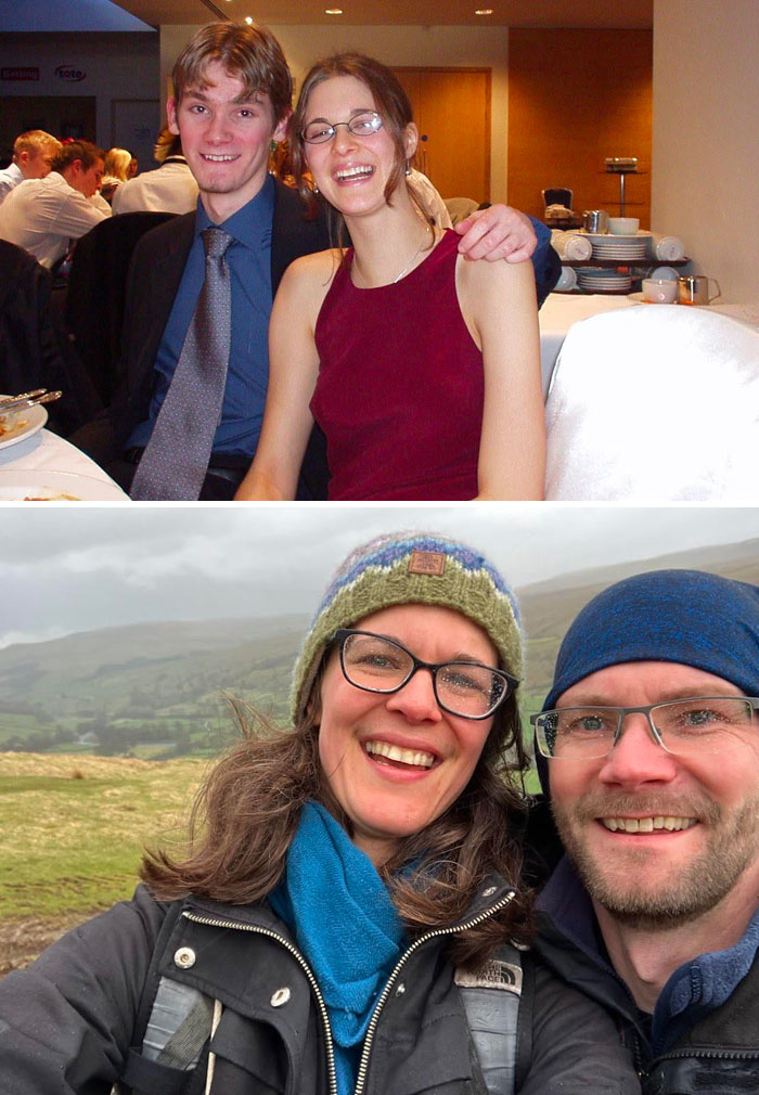 Couple smiling together in formal and outdoor settings, showing time changed people but not their love for each other.