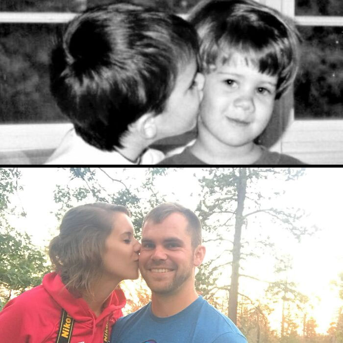Two photos showing how time changed people but not their love, with a woman kissing a man on the cheek in both images.