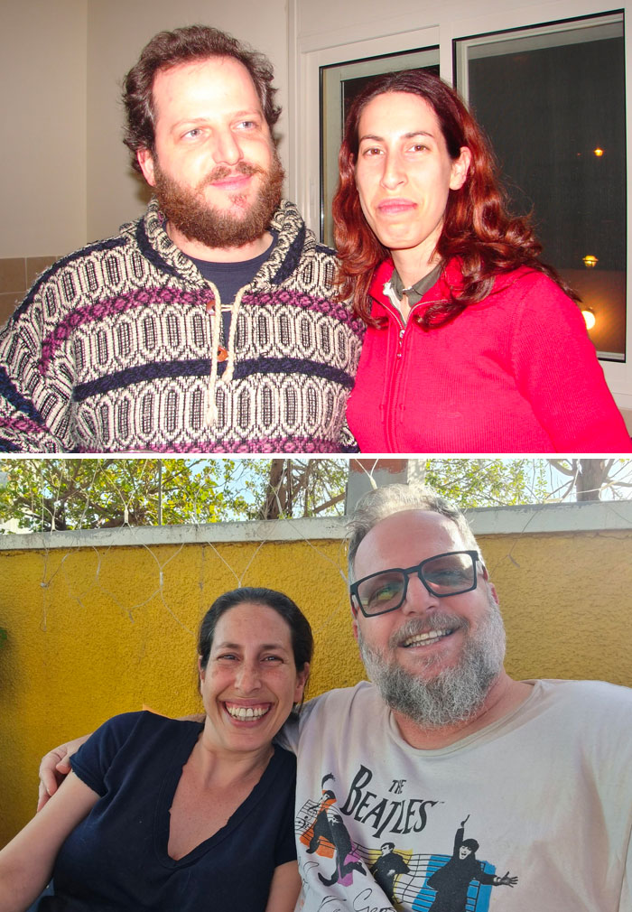 Couple showing how time changed people but not their love for each other, smiling in two photos years apart.