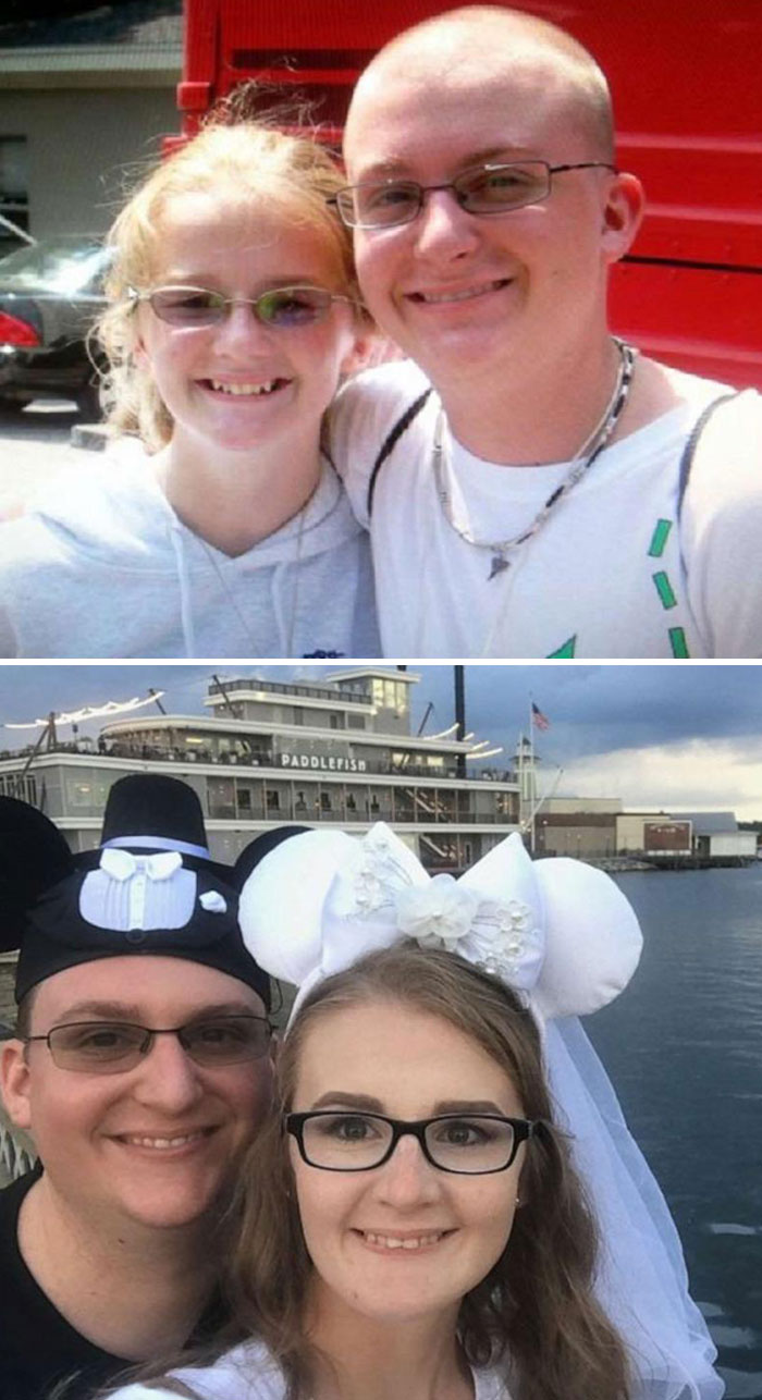 Couple wearing glasses in two photos years apart, showing how time changed people but not their love for each other.