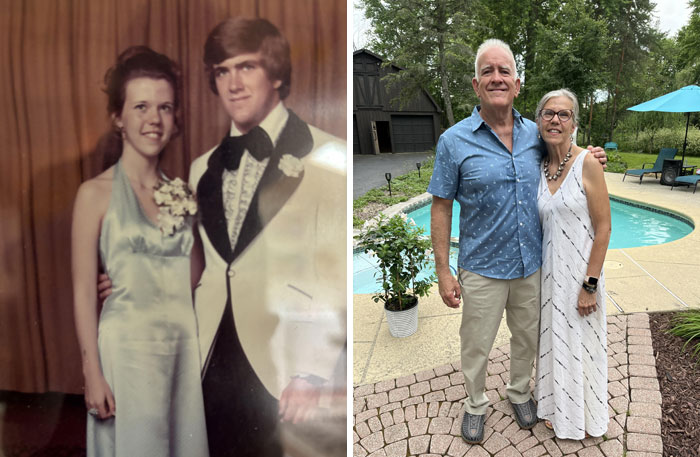 Young couple in formal wear in vintage photo and same couple years later by pool showing time changed people.