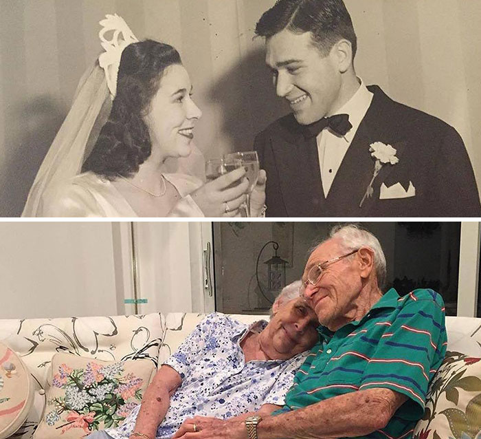 A couple reminiscing their wedding day and now sharing a loving moment after many years, showing how time changed people.