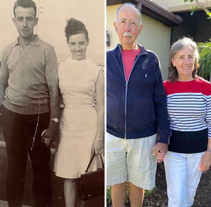 Side-by-side photos of a couple holding hands showing how time changed people but not their love for each other.