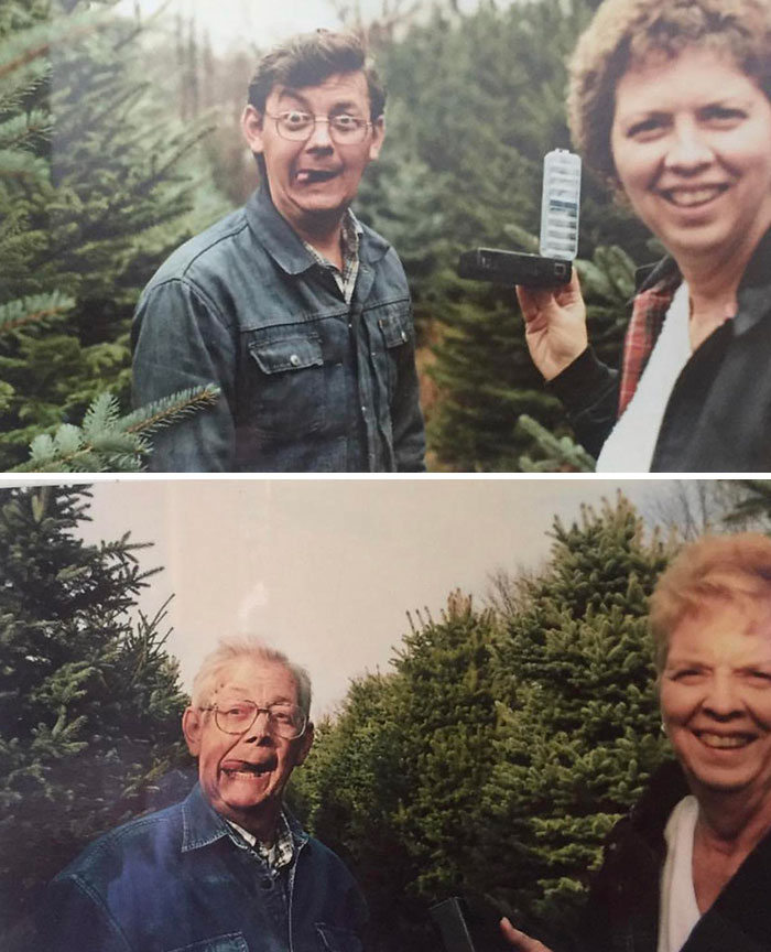 A couple takes playful photos among pine trees, showing how time changed people but not their love for each other.