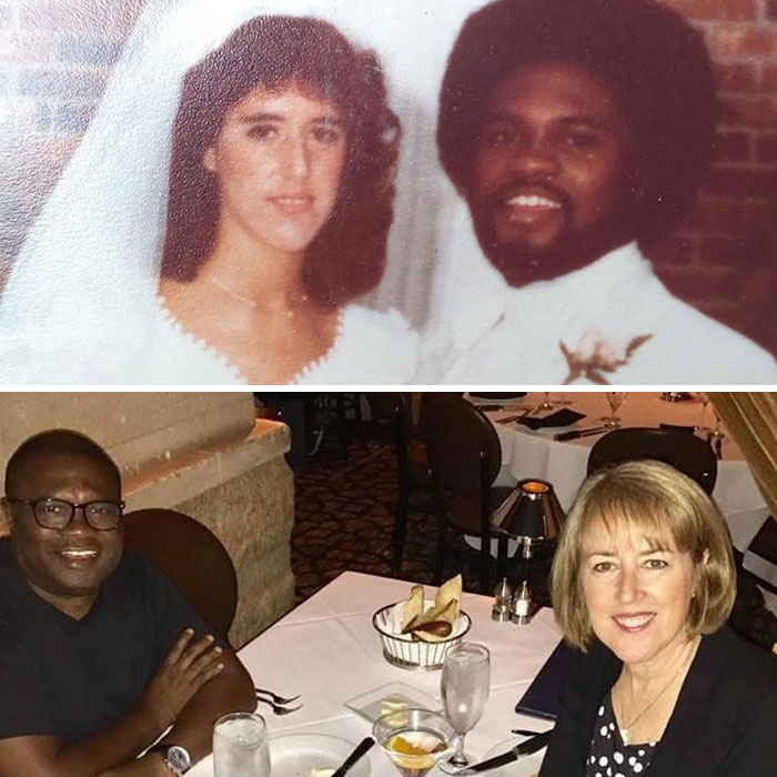 Couple shown decades apart, highlighting how time changed people but not their love for each other.