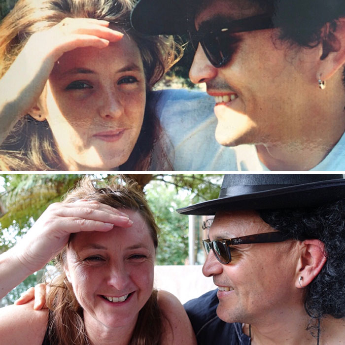 Couple smiling and sharing a moment together in two photos showing how time changed people but not their love.